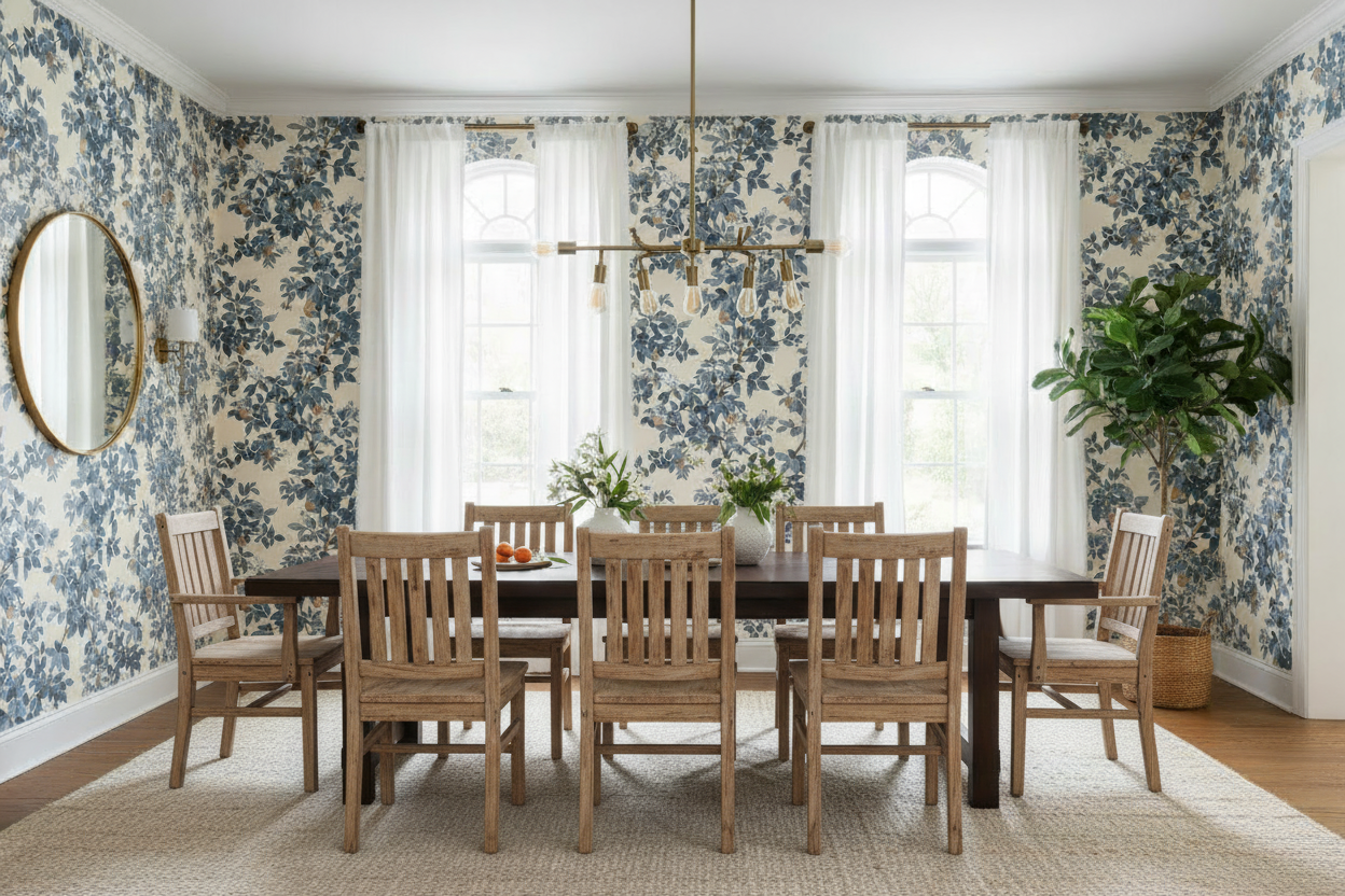 Orange Tree Wallpaper Room Shot with Rustic Chairs