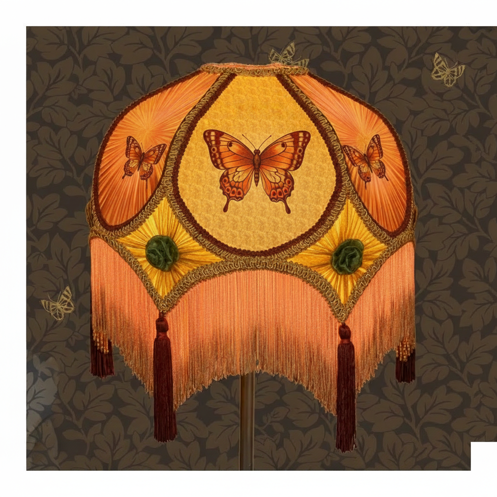 Orange Victorian lampshade with butterfly motifs and Lunden Butterfly wallpaper