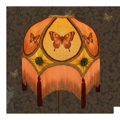 Orange Victorian lampshade with butterfly motifs and Lunden Butterfly wallpaper