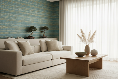 Paper Weave Grasscloth Wallpaper - Blueish Green Room Shot