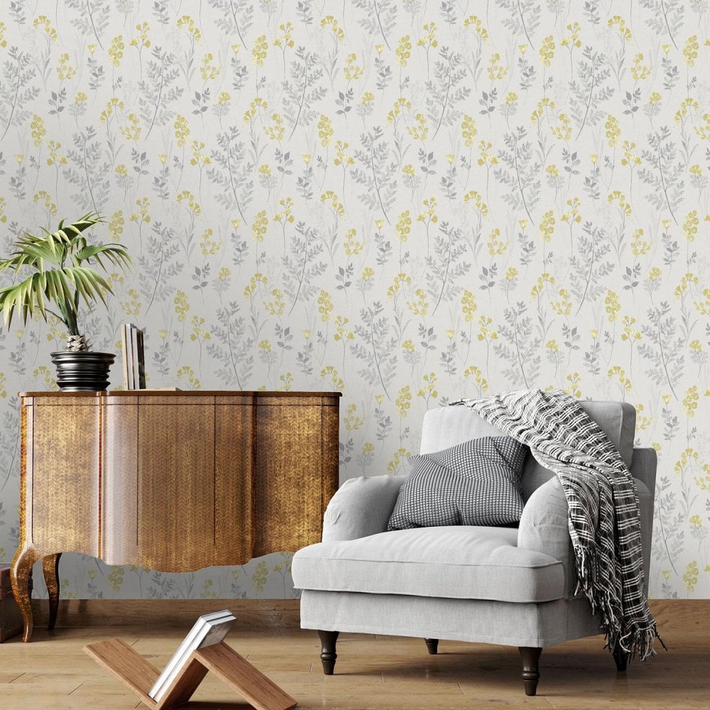 Sample - Pashley Fern Leaf  Wallpaper - Yellow Grey