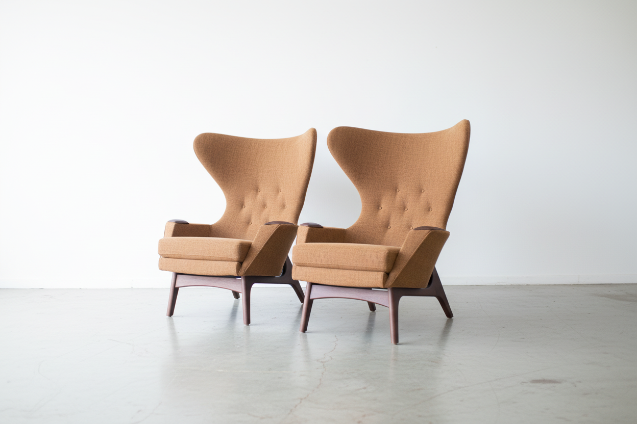 Photorealistic wingback chairs in Pelle Tan on concrete