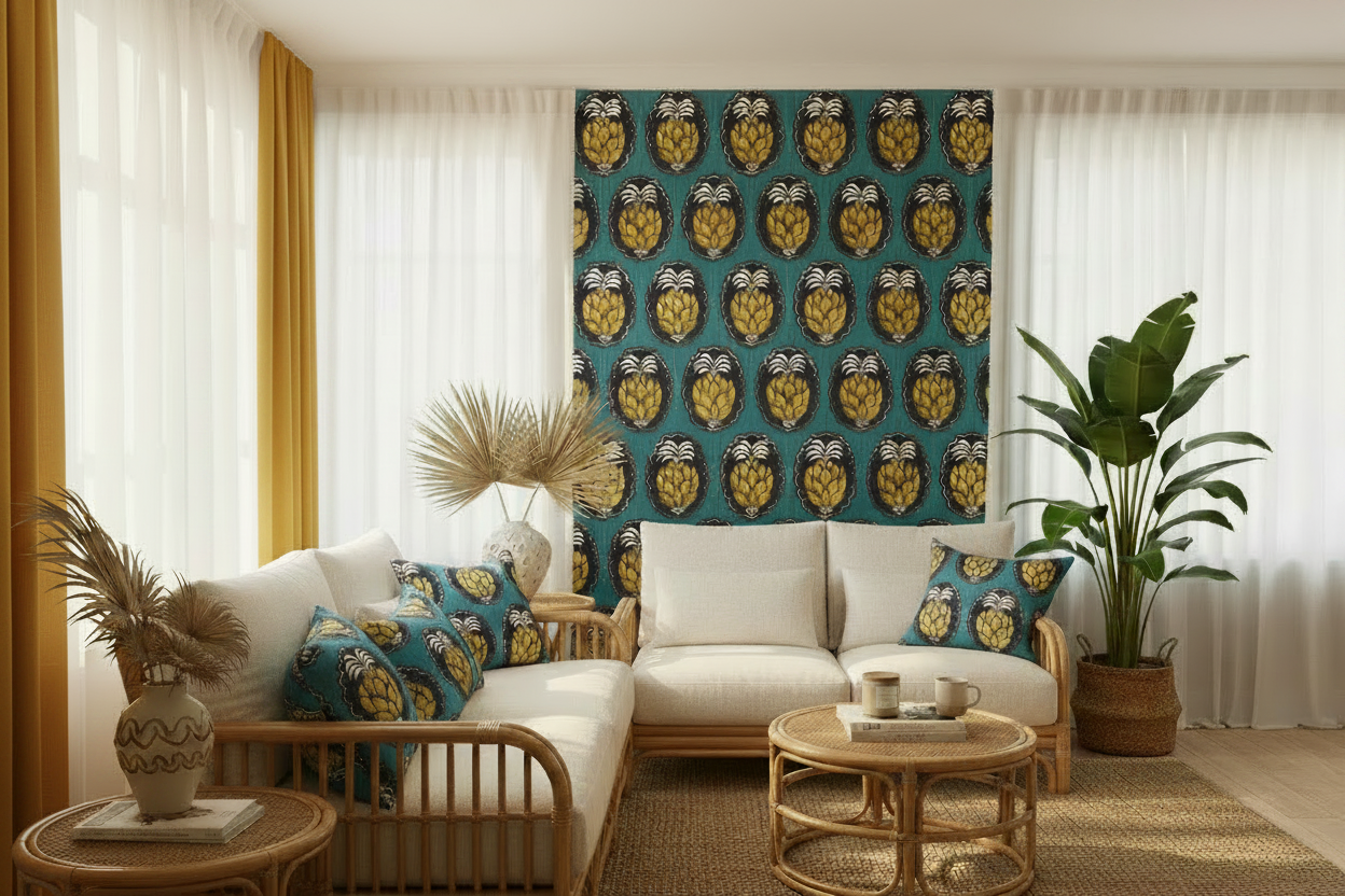 Pineapple Wallpaper Room Shot - Matching Curtains