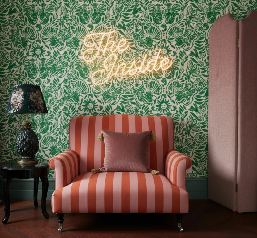 Pink and Orange Striped Chair - Room Shot
