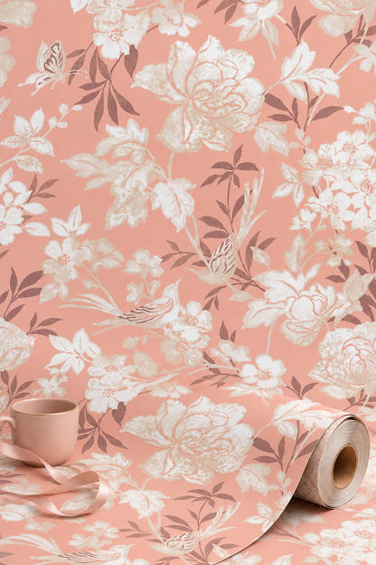 Blooms and Birds Wallpaper - Bright Blush