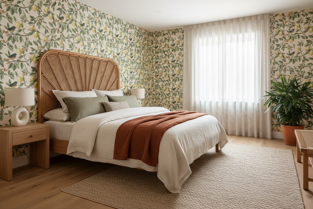 Ponderosa Bird and Lemon Wallpaper Bedroom with Cane Bedhead