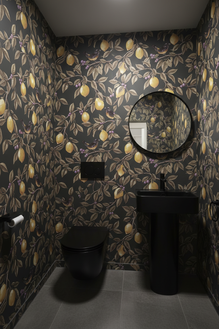 Ponderosa – Bird and Lemon Wallpaper – Charcoal