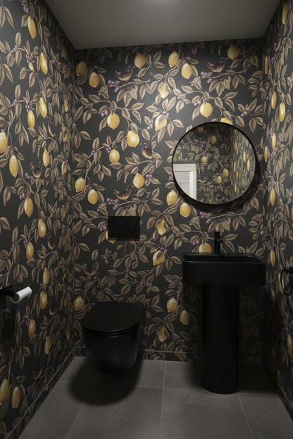 Ponderosa Charcoal Wallpaper Toilet Room with Black Fixtures