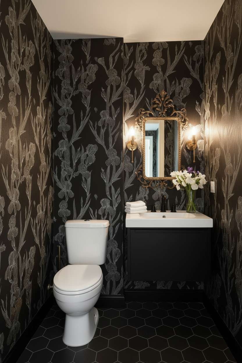 Powder Room - Black Vanity with Iris Floral Wallpaper