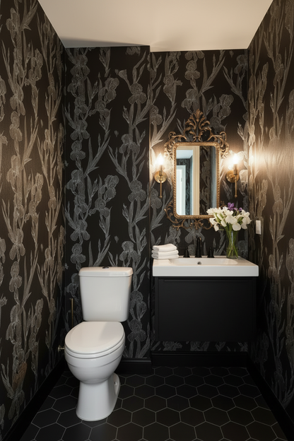 Powder Room - Black Vanity with Iris Floral Wallpaper