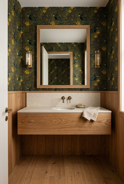 Powder room featuring bird-and-botanical wallpaper and natural oak