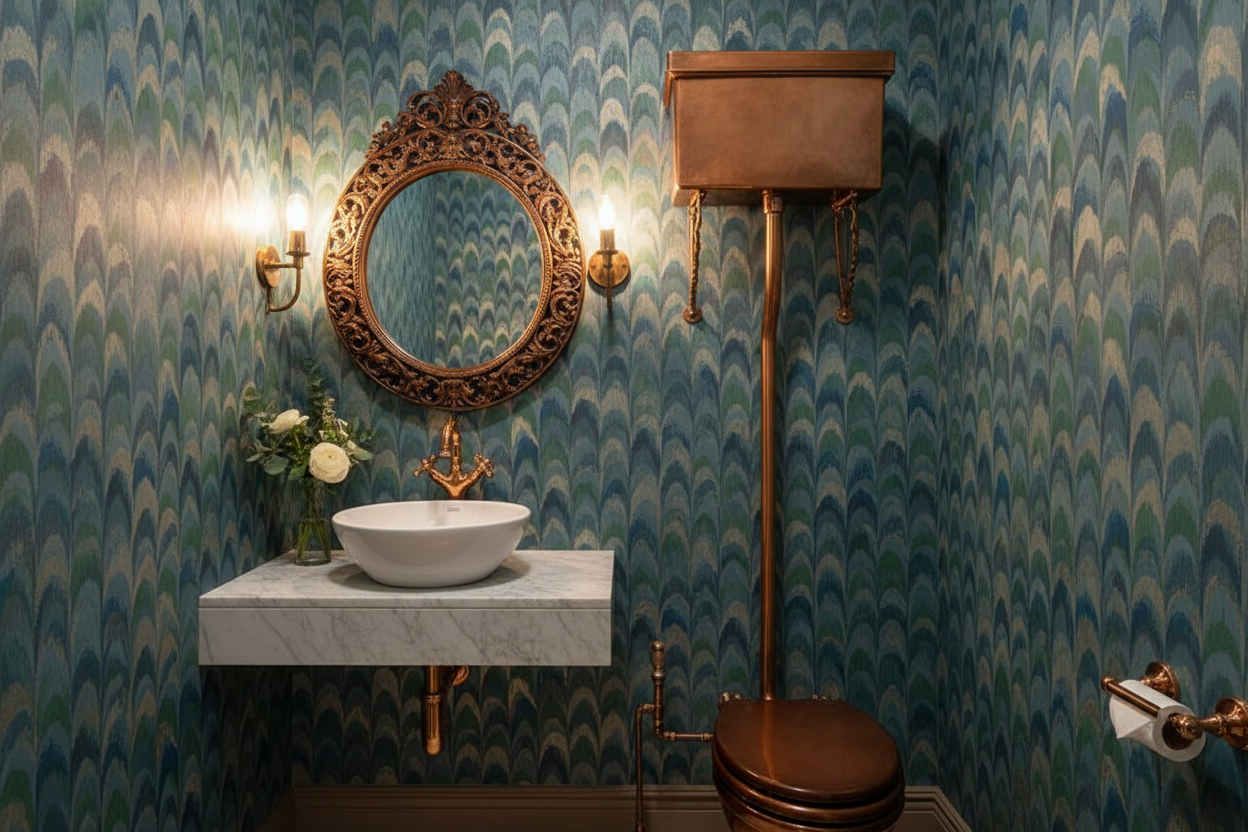 Powder Room - Full Copper Fixtures with Peacock Wallpaper