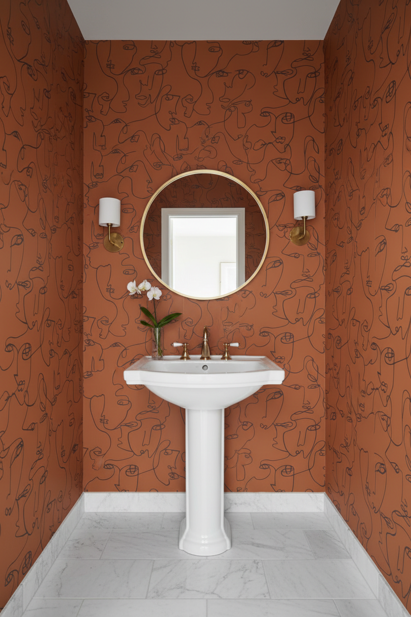 Powder Room - Visages Face Wallpaper Burnt Orange