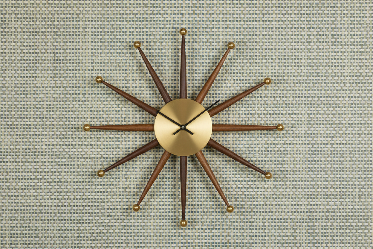 Product shot with mid-century clock and Sage Blue Metallic Turquoise grasscloth