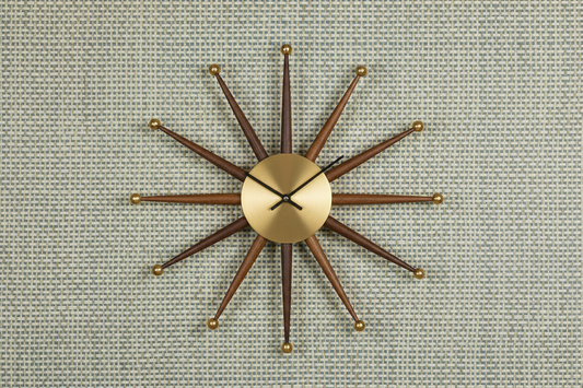 Product shot with mid-century clock and Sage Blue Metallic Turquoise grasscloth