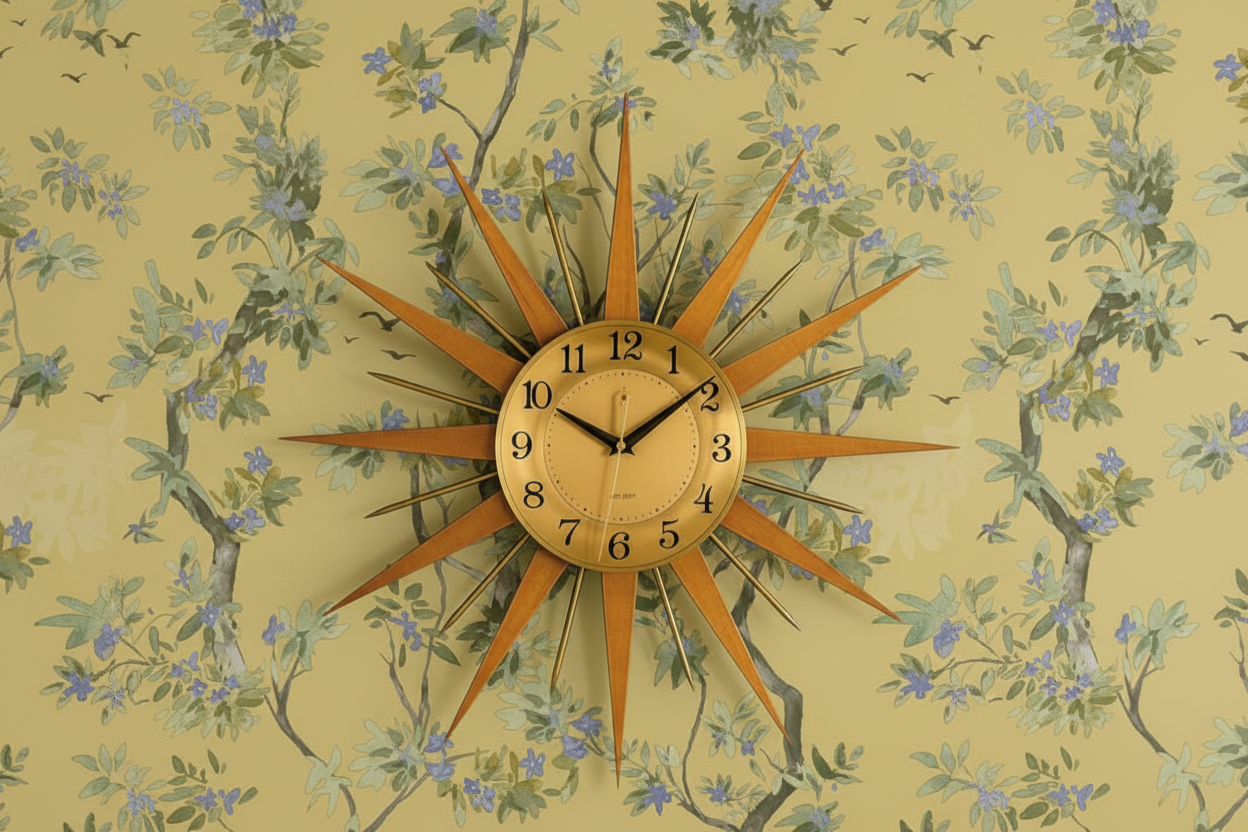 Retro clock with Folia Blossoming Tree Wallpaper - Ochre background