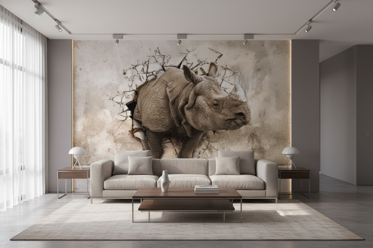 Rhino Breakthrough Wallpaper Mural - Room Shot