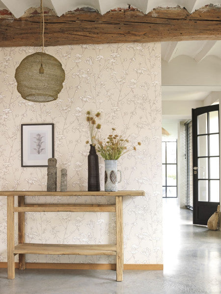 Graminees Wallpaper - Beige/Silver/White