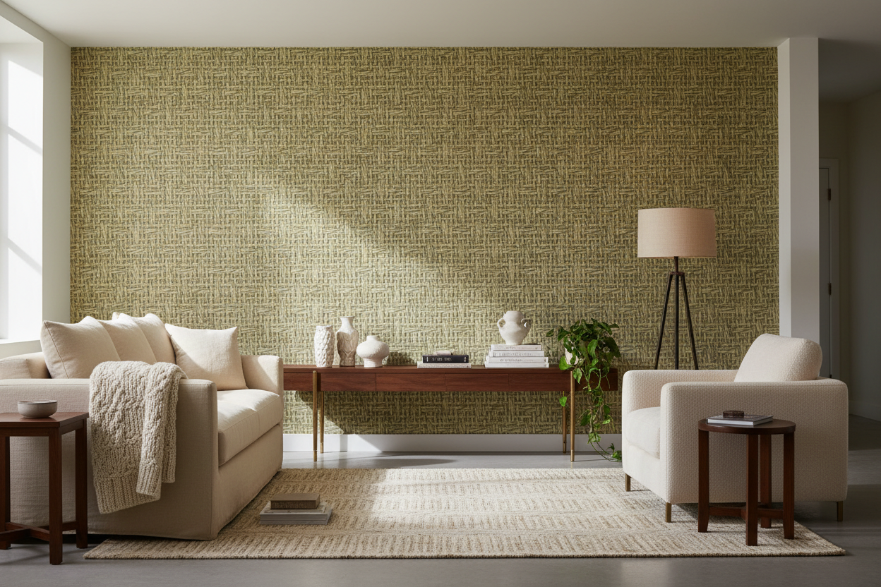 Room Shot with Basket Case Grasscloth - Forest Lane
