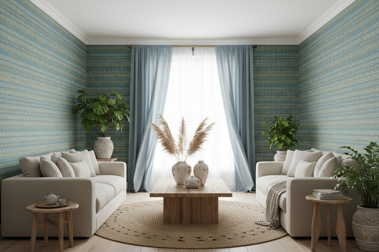 Room shot with blue curtains