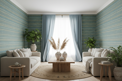 Room shot with blue curtains