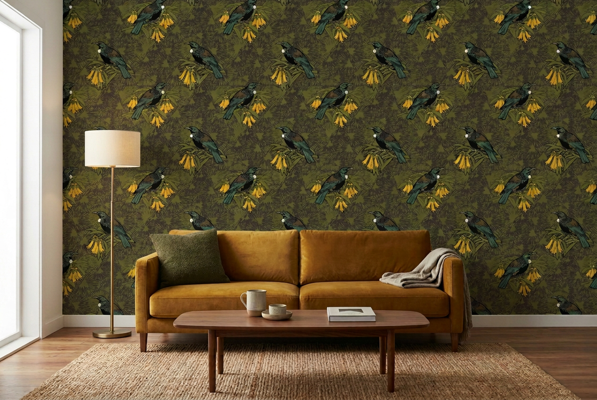 Room shot with yellow velvet couch and standing lamp