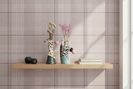Room with Kirkham Check Plaid Wallpaper - Pink Pattern