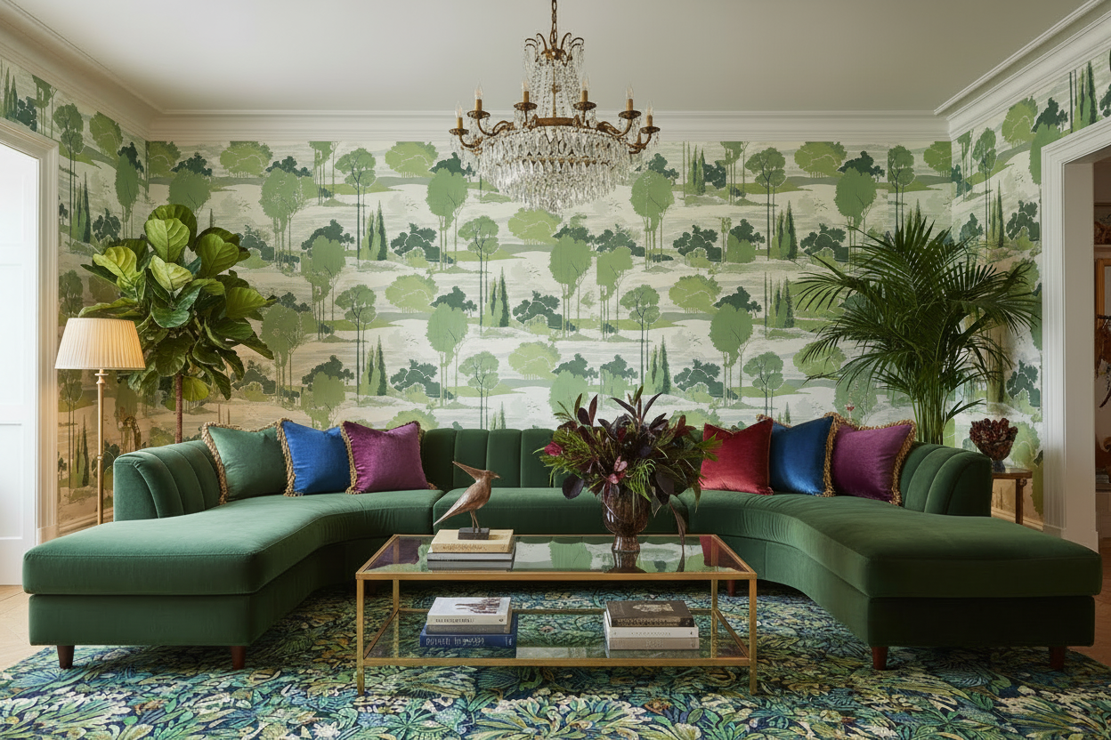 Room with Macarthur Park Florence Broadhurst Wallpaper, no shelves