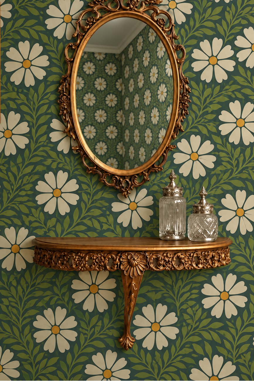 Room with Ox Eye Daisy wallpaper, mirror reflection showing the same wallpaper continuing