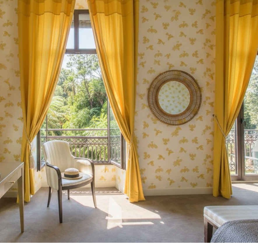 Room with Yellow Walls, Yellow Curtains, NZ Bush View and Books