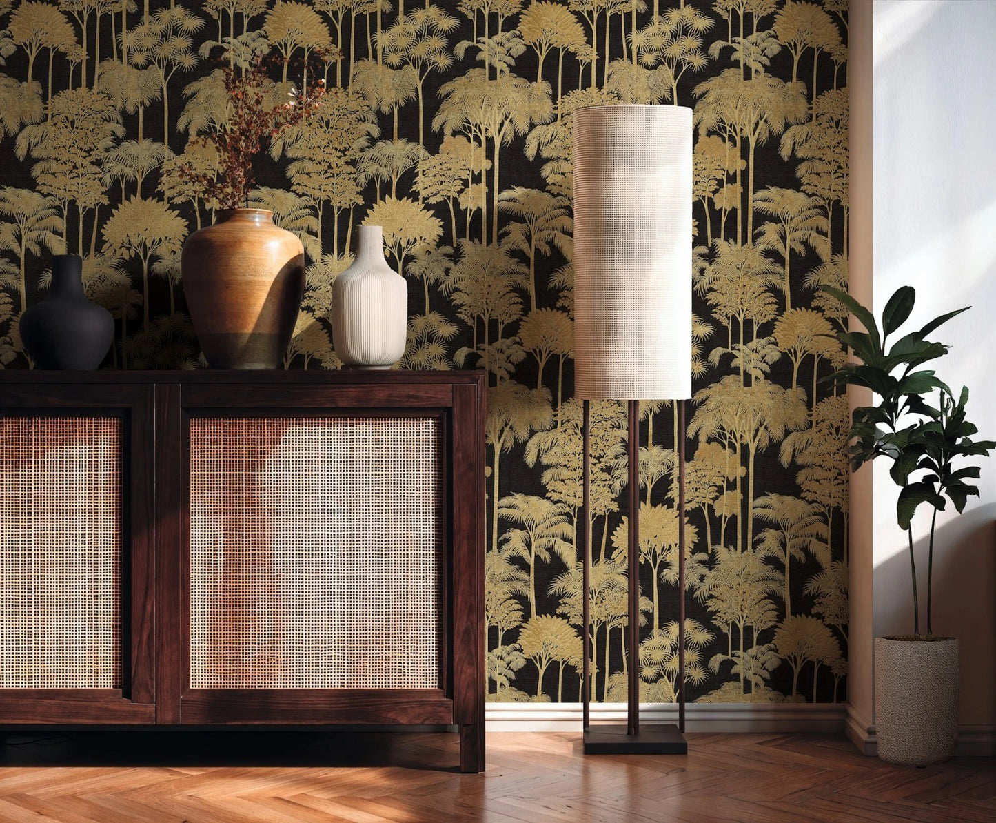 Cuba Forest Wallpaper - Black and Gold - Vinyl