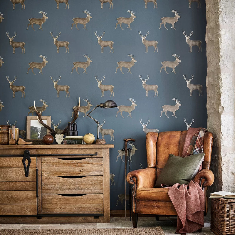 Evesham Deer Wallpaper - Indigo