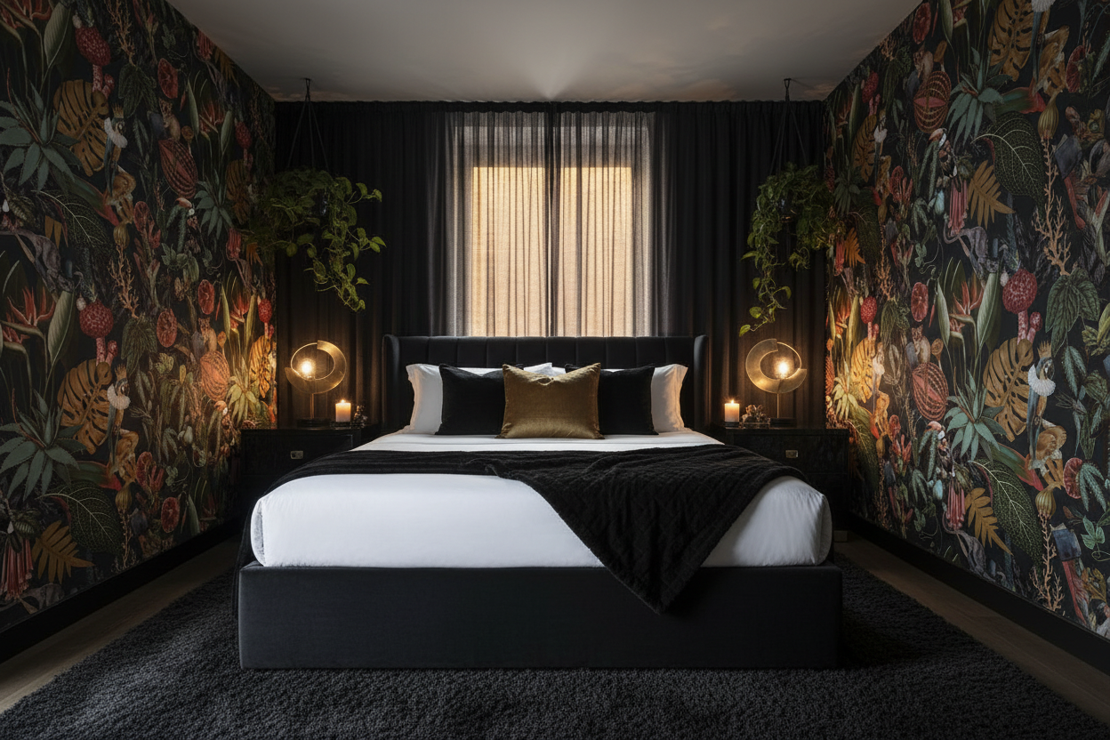 Sexy bedroom with Reverie Charcoal Jungle Wallpaper