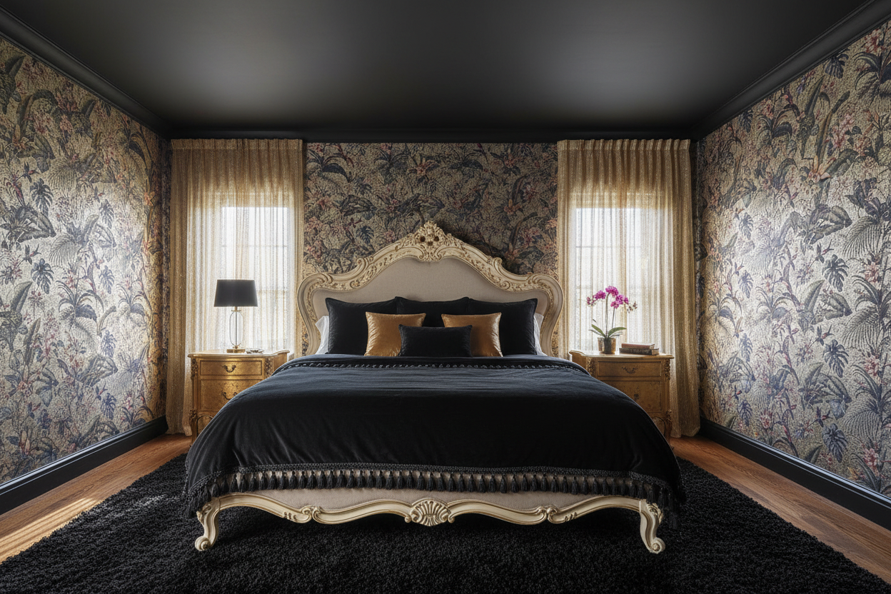 Singapura Gold Wallpaper Bedroom with Gold Mesh Curtains