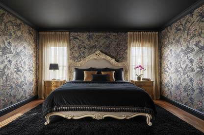Singapura Gold Wallpaper Bedroom with Gold Mesh Curtains