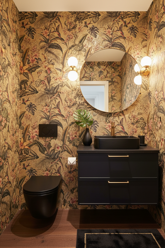 Singapura Gold Wallpaper Toilet Room with Black Fixtures