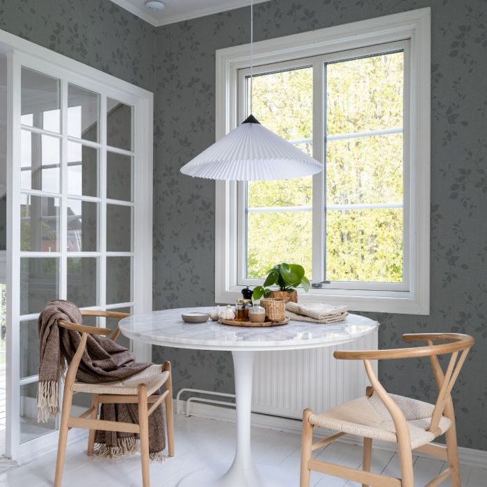 Siri - Floral, Linen-Look Wallpaper - Grey/Blue