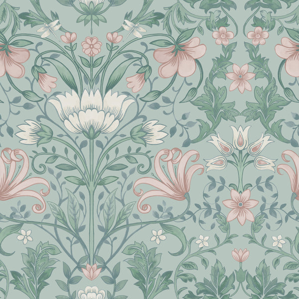 Sample - Vintage Floral Wallpaper - Soft Teal