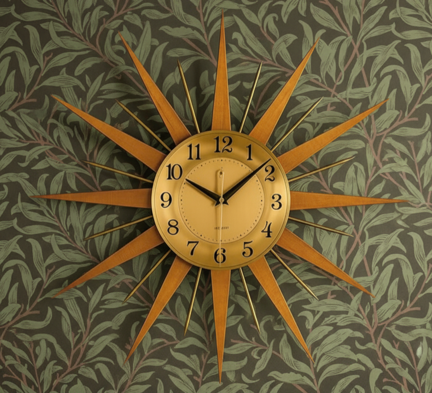 Starburst Clock with Willow Leaf Black and Green Wallpaper