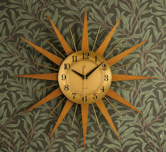 Starburst Clock with Willow Leaf Black and Green Wallpaper