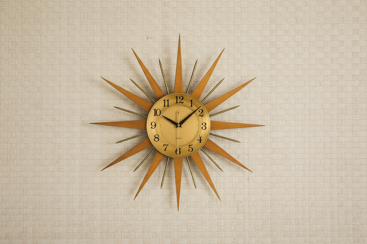 Sunburst Clock with Basket Weave Natural Wallpaper