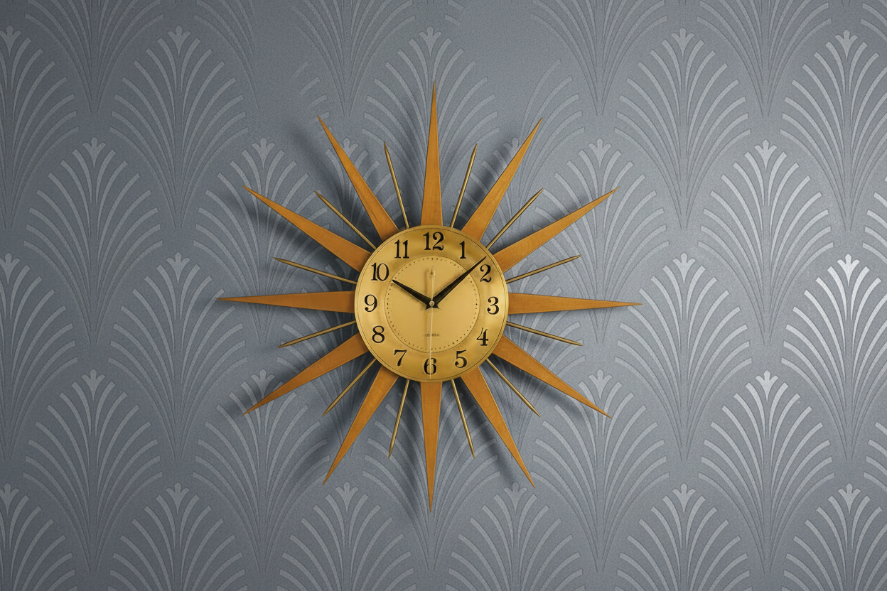 Sunburst Clock with Pop Style Art Deco Metallic Grey Wallpaper