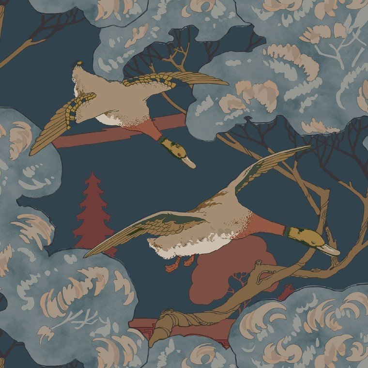 Grand Flying Ducks Wallpaper - Red Blue