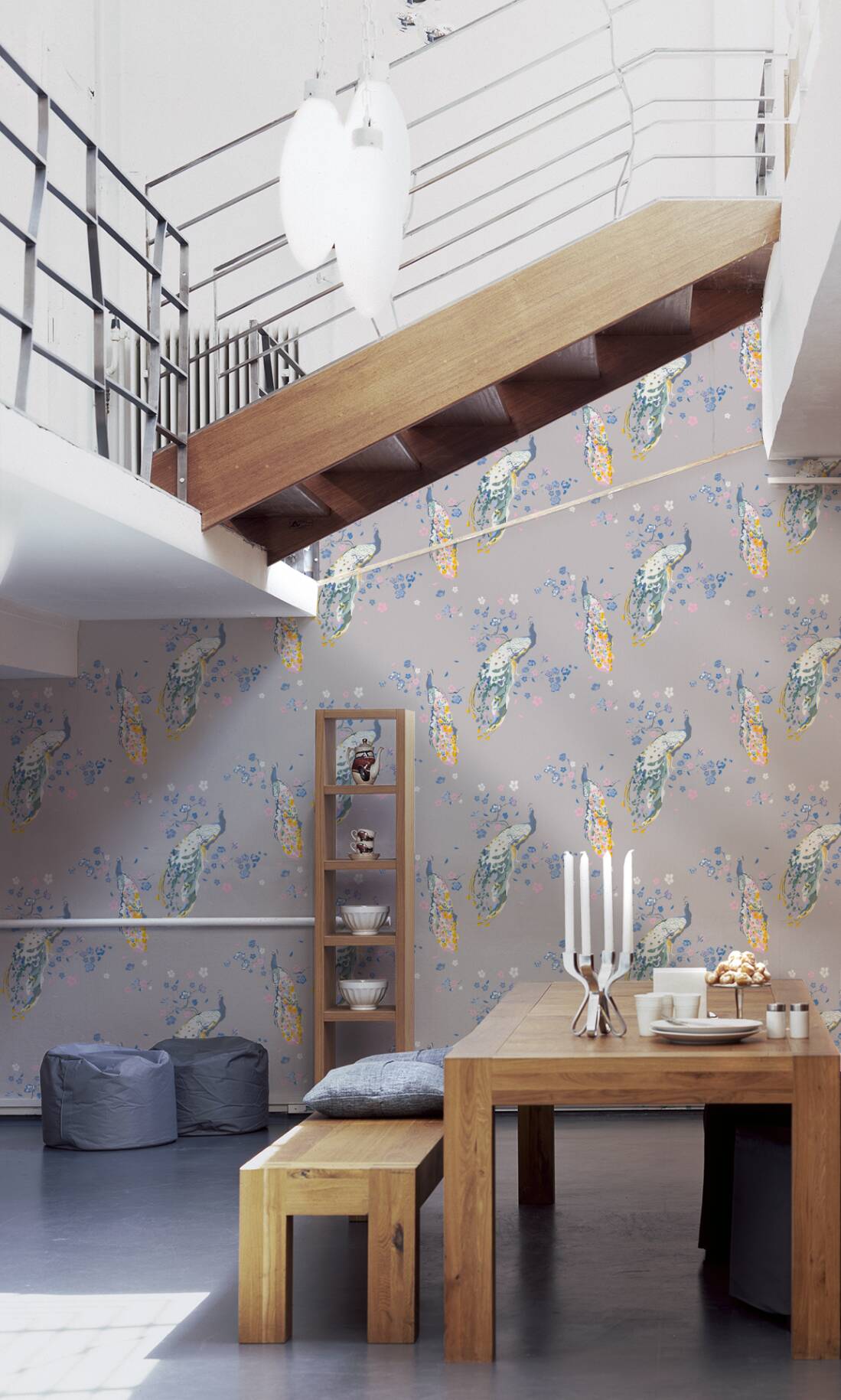 Majestic Peacock & Blossom Wallpaper - House of Turnowsky - Grey/Blue
