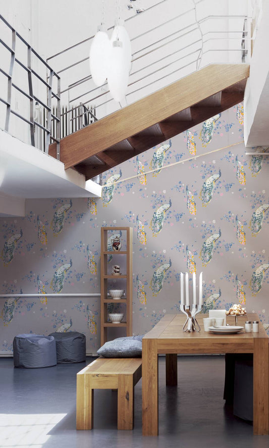 Majestic Peacock & Blossom Wallpaper - House of Turnowsky - Grey/Blue