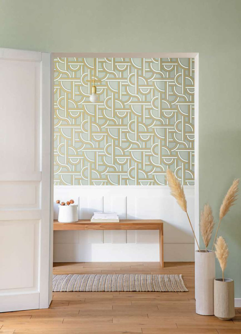 Impass Art Deco Wallpaper - Sage + Gold