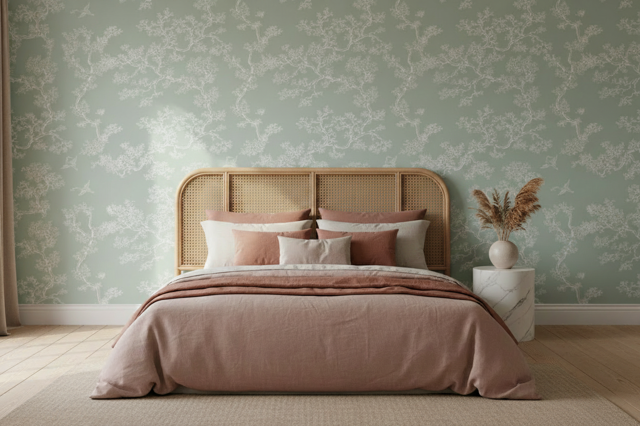 The Cranes - Florence Broadhurst Moonbeam - Cane Bedhead Roomshot