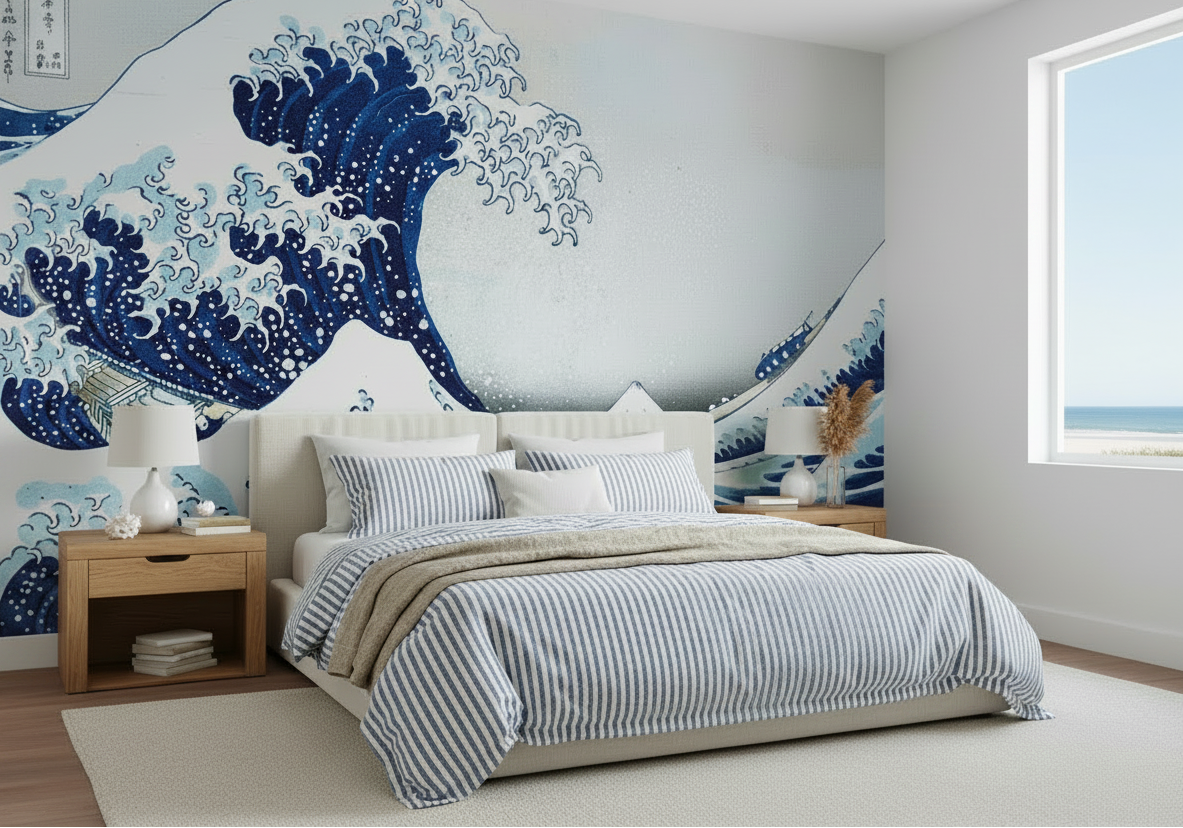 The Great Wave Bedroom - Blue & White Ticking Stripe Bedspread
