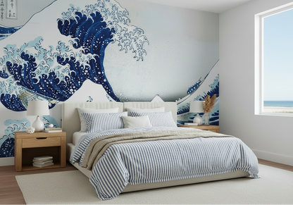 The Great Wave Bedroom - Blue & White Ticking Stripe Bedspread