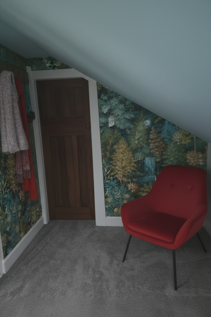 Tidy room with wallpaper, blue ceiling and red chair